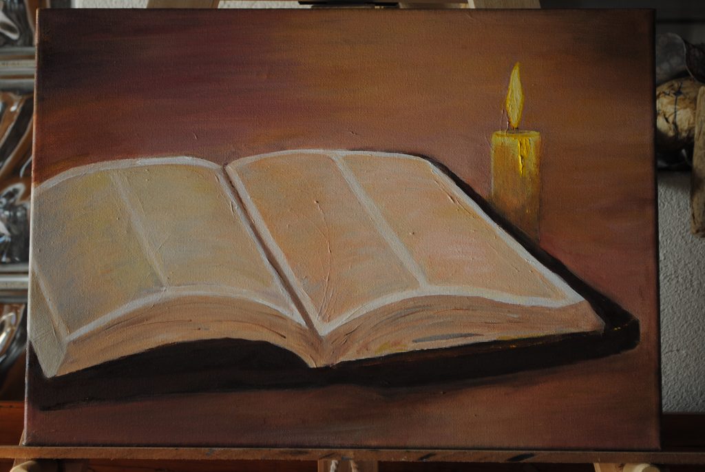 Art By Bruce, Oil Painting, Still Life, Bible and Candle,