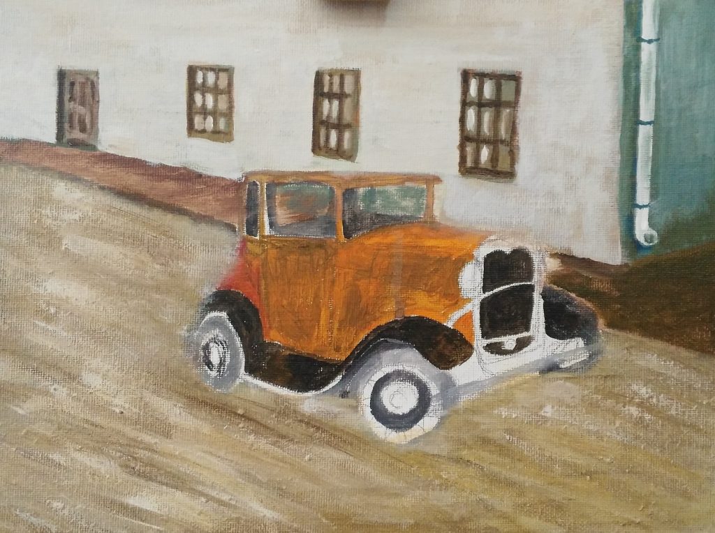 Art By Bruce, Oil Painting, 1929 Chev, Oil Painting, Streetscape