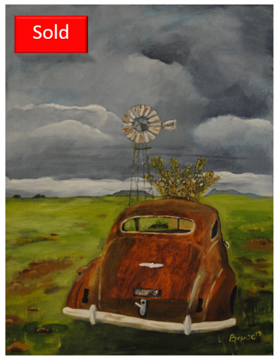 Art By Bruce, Landscape, Acrylic Painting, Buick, Wreck, Windmill