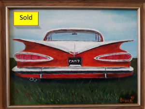 Art By Bruce, Acrylic Painting, Streetscape, Chevrolet, Red Car, Art for Sale